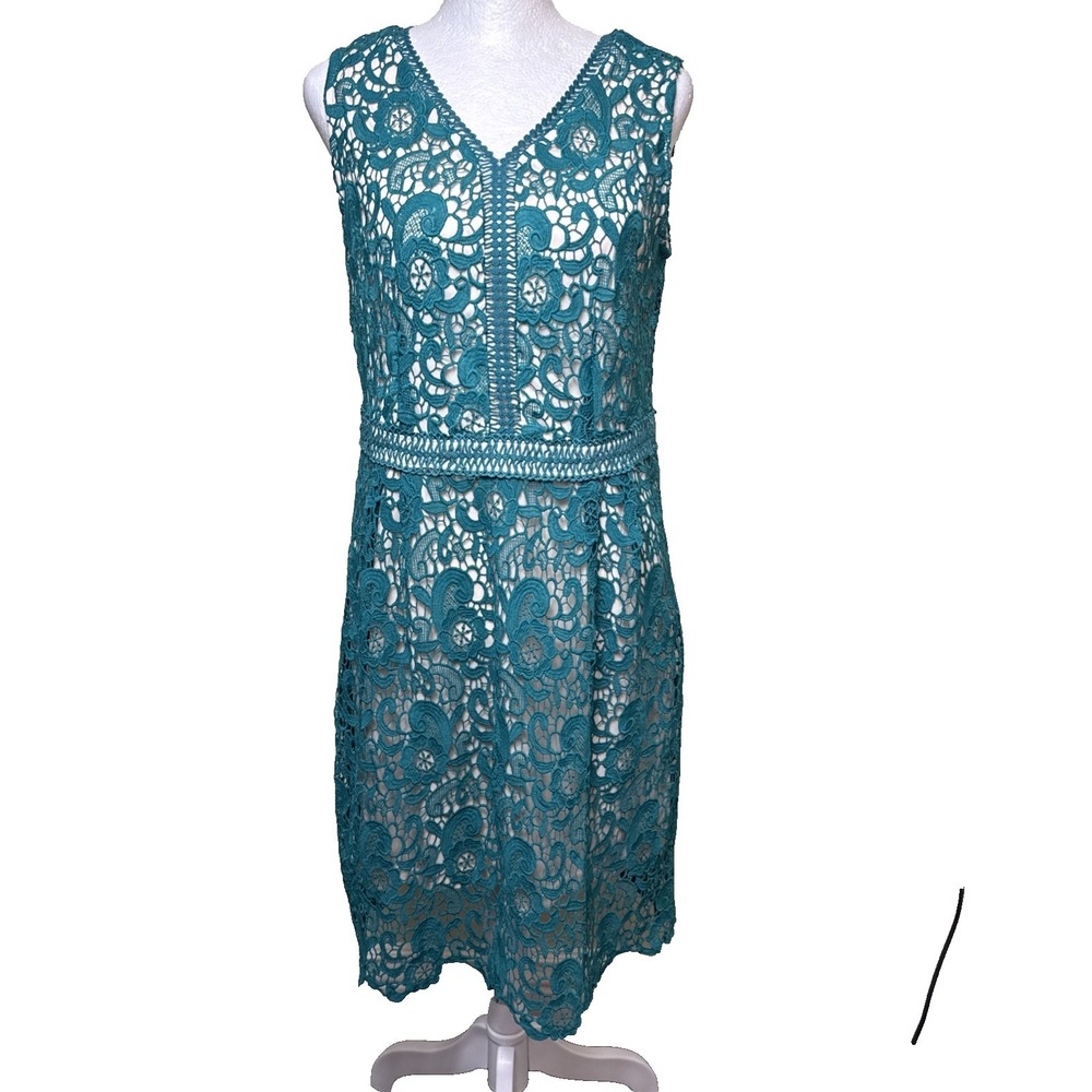 Vivant Teal Blue‎ Corded Lace Sheath Dress V-Neck Sleeveless Mid-Length L